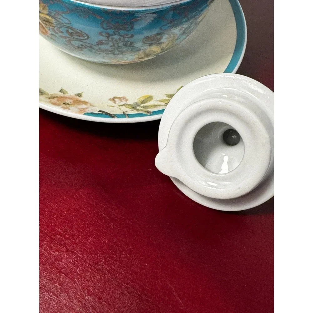 Christian Gifts teapot teacup with saucer Teal blue birds Bible Proverbs 3:5 E10